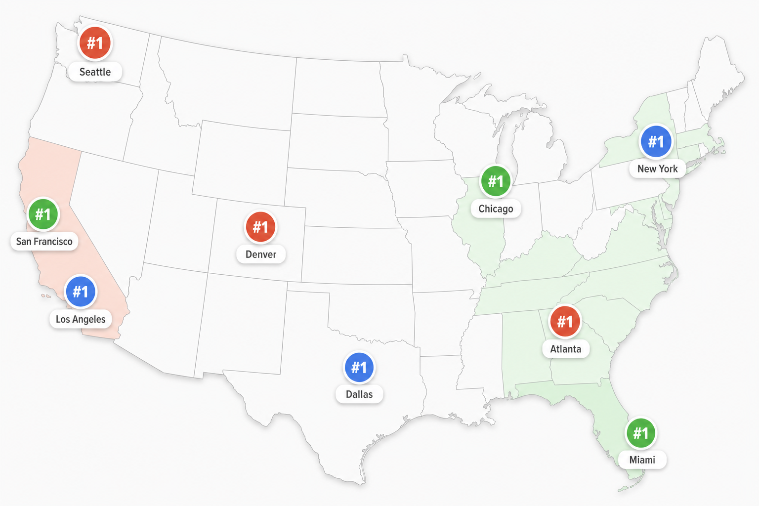 Map showing Rampaign clients ranked #1 across the United States